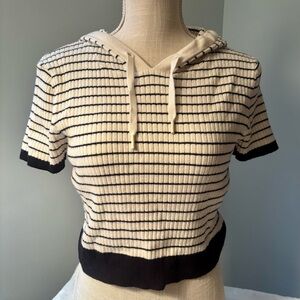 Freshman 1996 black & white striped short-sleeve cropped knit sweater hoodie, L